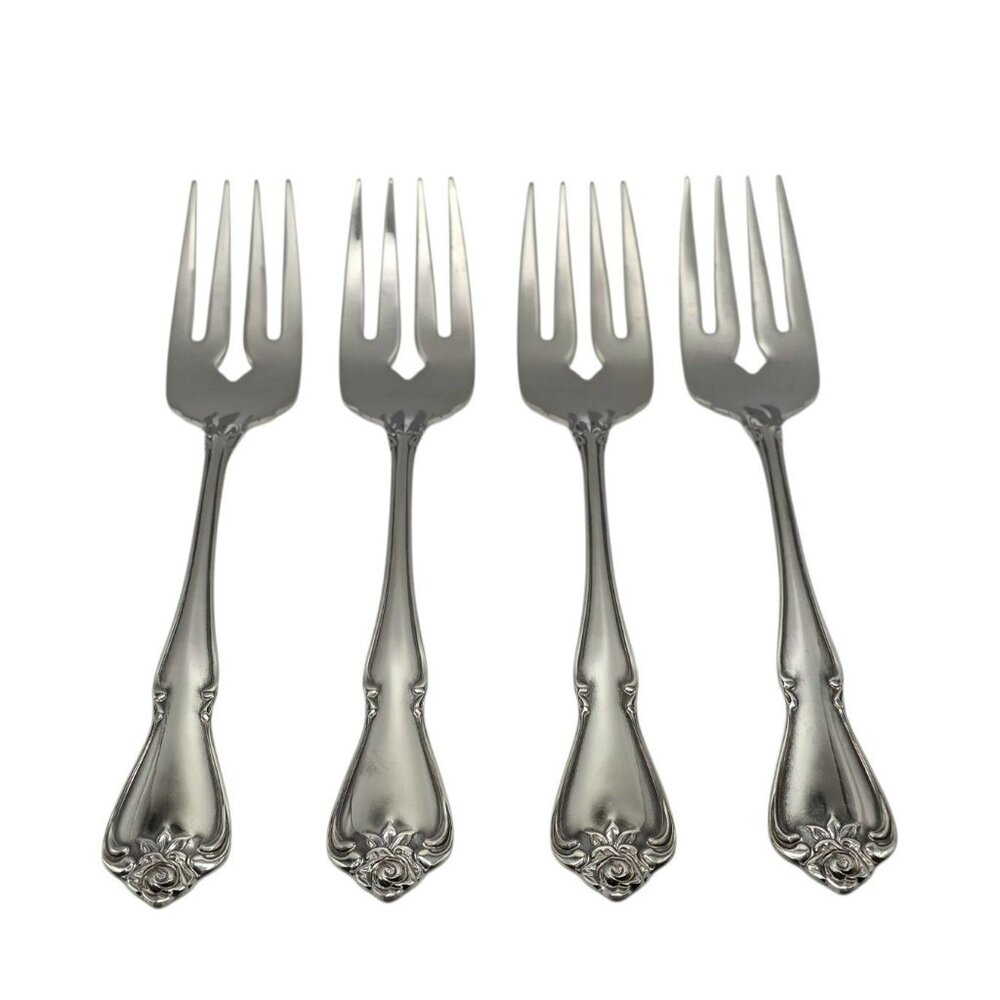 4 Oneida Salad Forks Dessert True Arbor Rose Stainless Flatware Vintage NOS - Picture 5 of 5